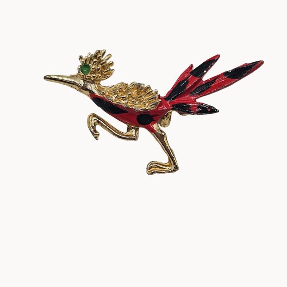 Roadrunner Jewelry - VTG Brooch Roadrunner Bird Enamel Painted Gold Tone Retro Fun Whimsy Cartoon Pin